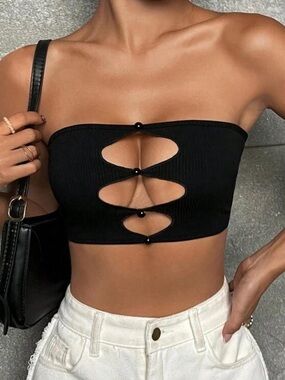 Black Strapless Cut Out Crop Top ribbed